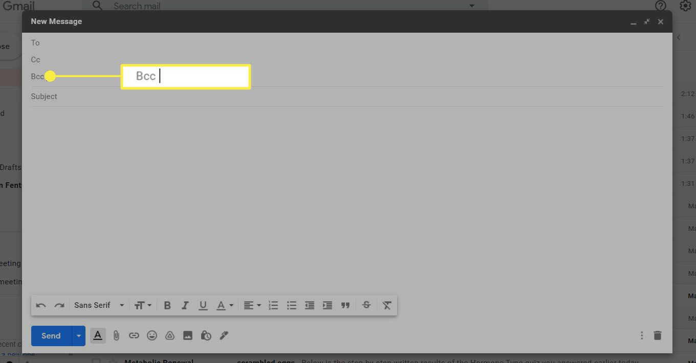 Kenttä "Bcc" merkitty uuteen sähköpostiin