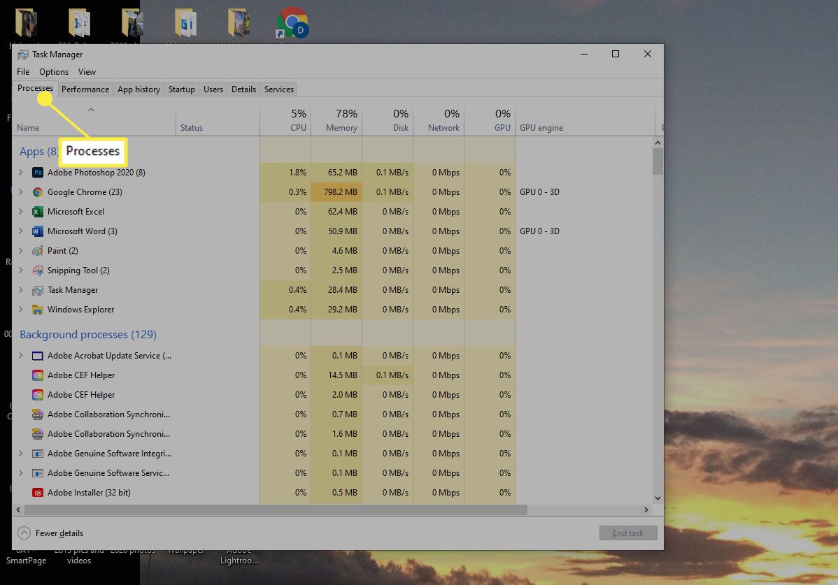 Windows 10 Task Manager - Prosessit-välilehti