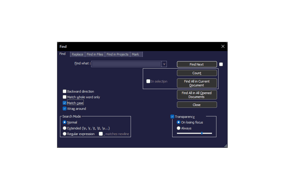 Isojen kirjainten valintaruutu Notepad++ Hakukysymyksessä