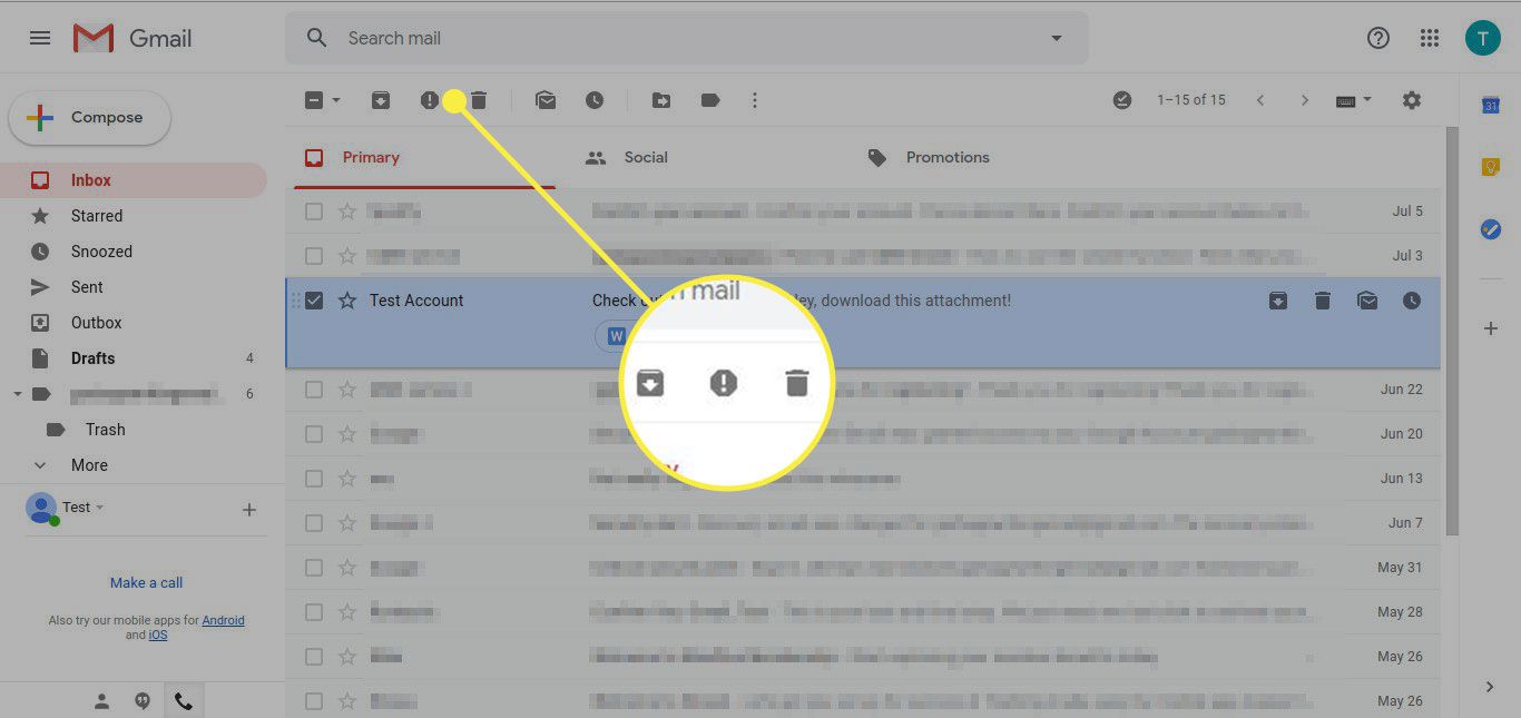 Gmail-postilaatikko, jossa roskapostipainike on korostettuna