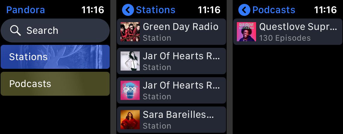 Kolme Pandora Apple Watch -sovellusnäyttöä uudella käyttöliittymällä