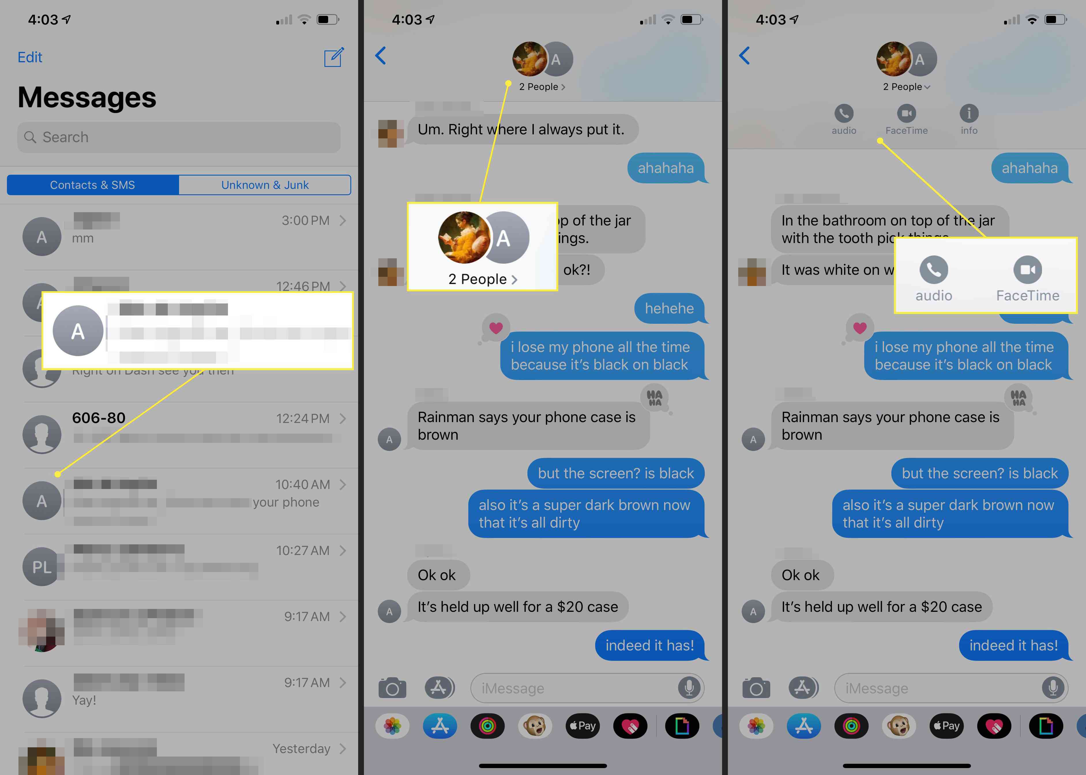 iPhone, joka näyttää, kuinka FaceTime-puhelu aloitetaan Viestit-sovelluksesta