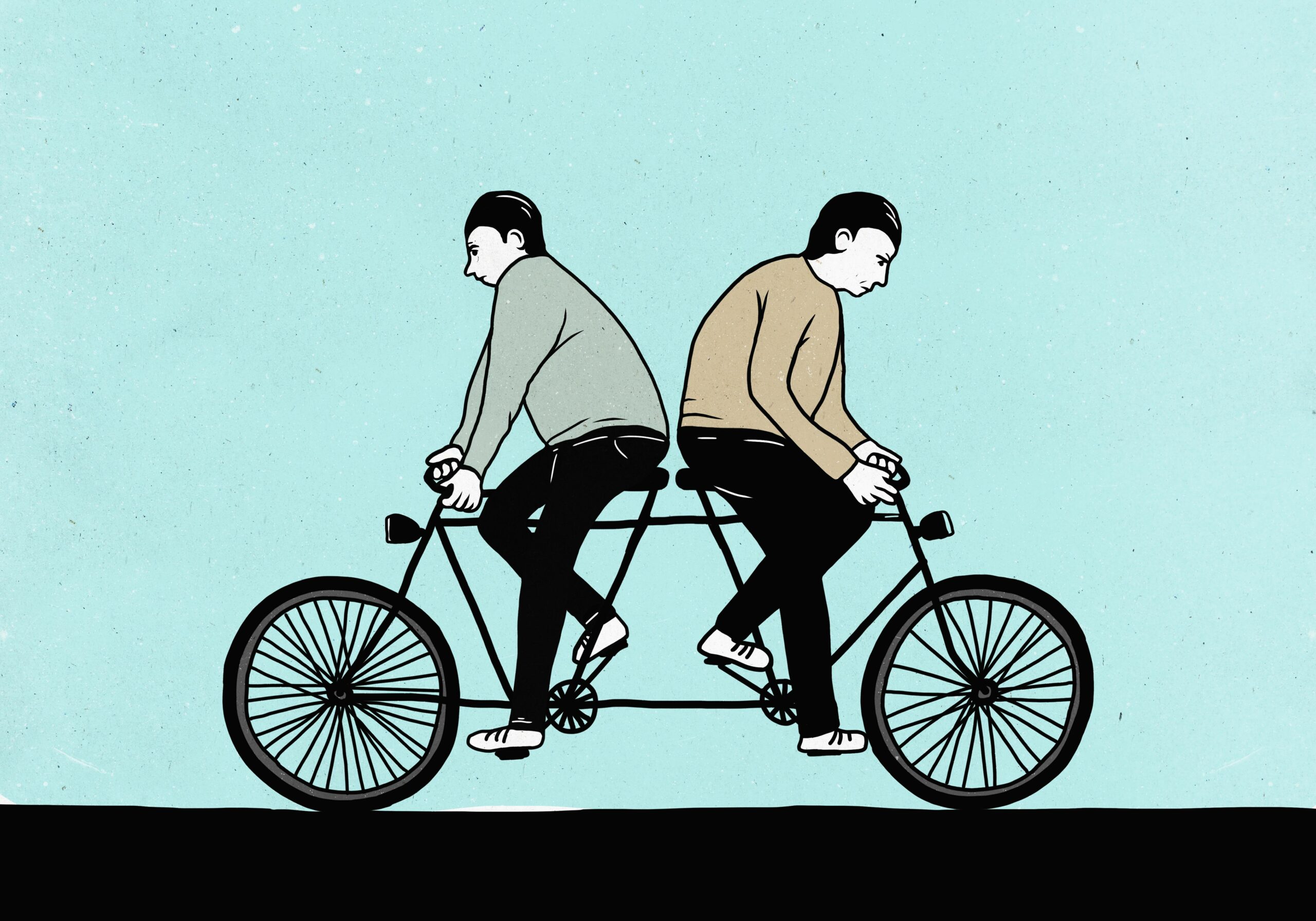 illustration of male friends riding tandem bicycle in opposite directions 723501363 5a381d4e5b6e24003719d8a9 scaled