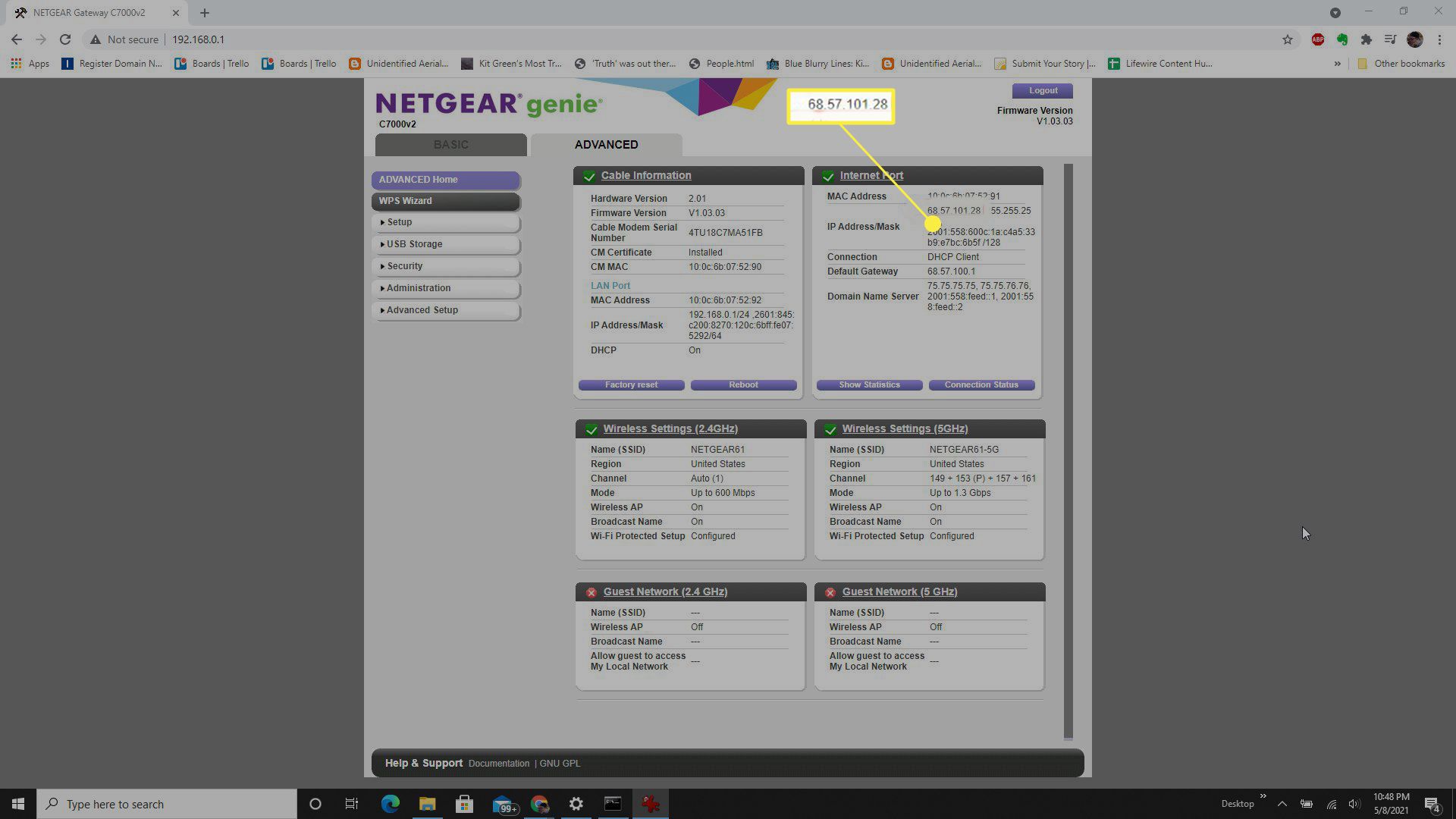 Netgearin kotireititin, jossa IP-osoite korostettuna