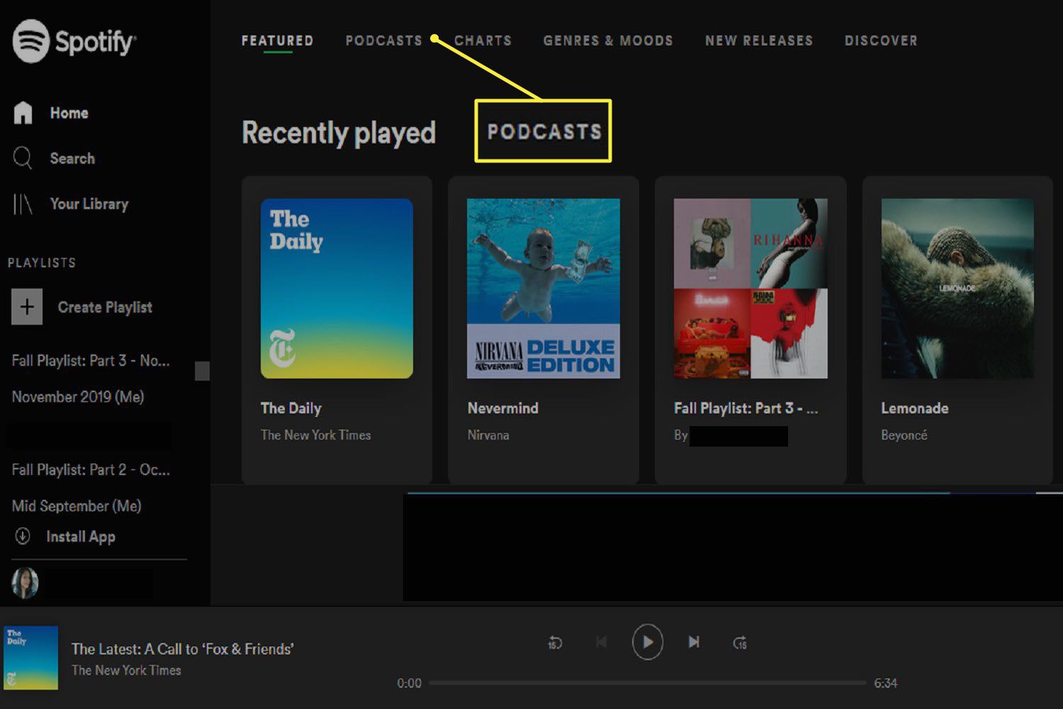 Spotify Web Playerin päähallintapaneeli kirjautumisen jälkeen.