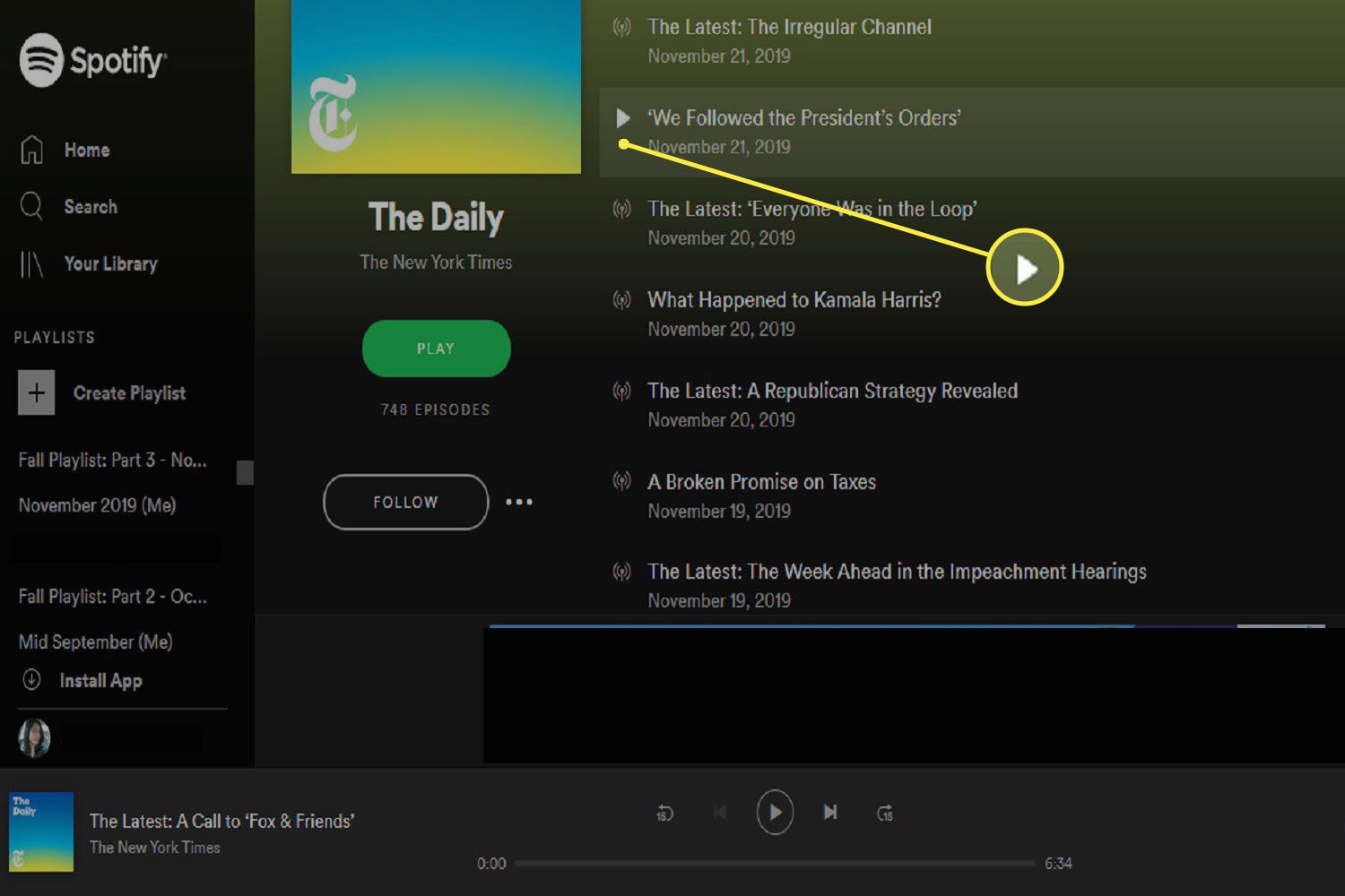 kuinka toistaa tietty podcast-jakso Spotify Web Playerissa.