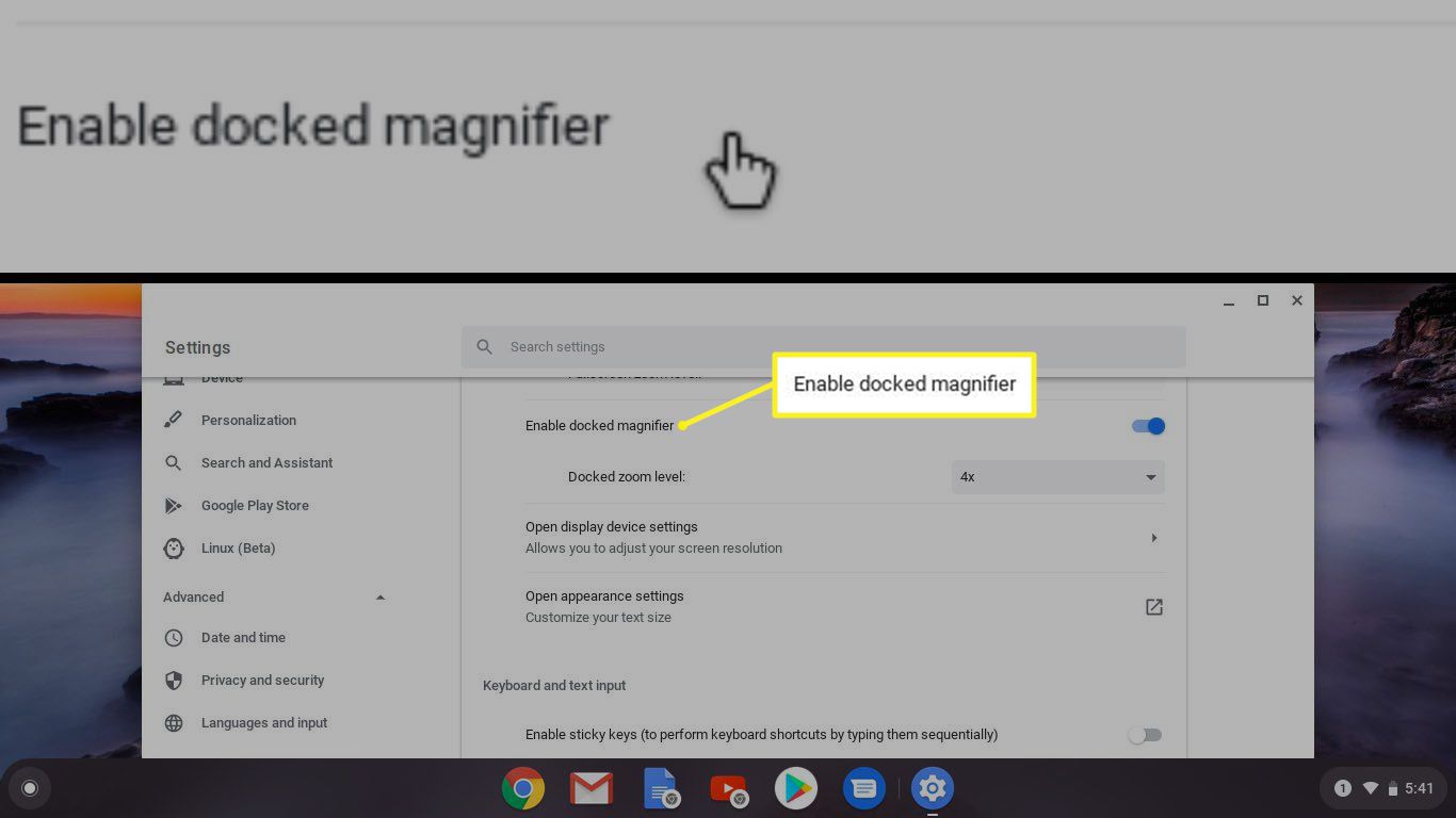 Chromebookin suurennuslasin asetukset telakoitu.