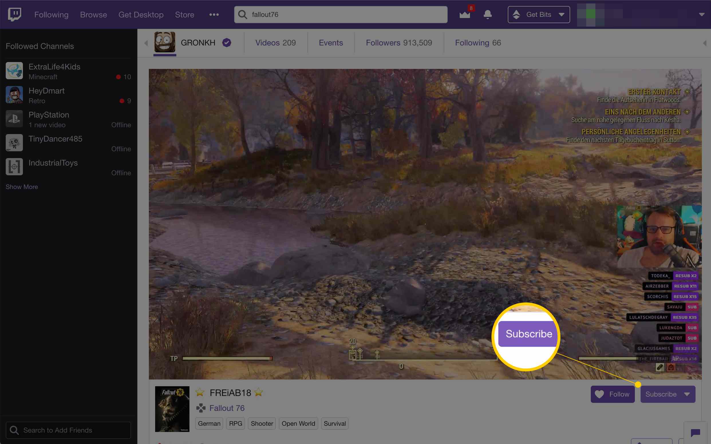 Tilauspainike Twitch-videossa