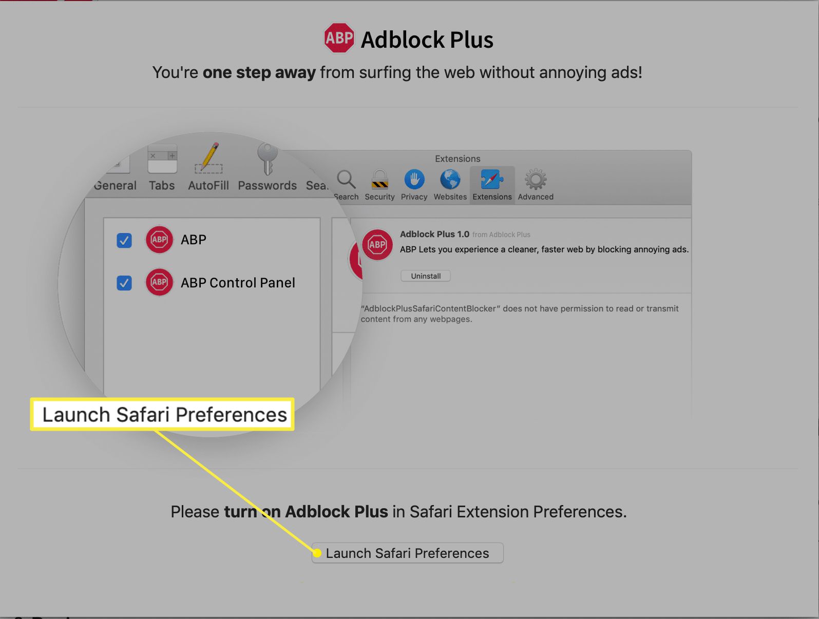 Käynnistä Adblock Plus -laajennus Safari-asetukset korostettuina