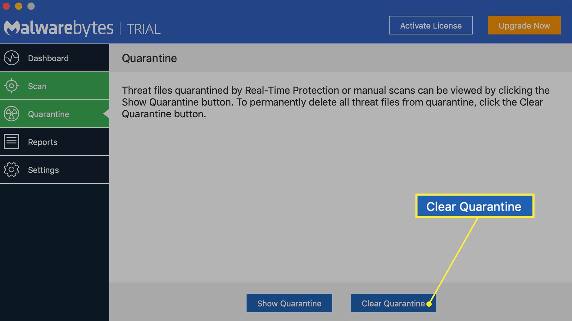 Malwarebytes for Mac -karanteeniluettelo, jossa Tyhjennä karanteeni -painike korostettuna