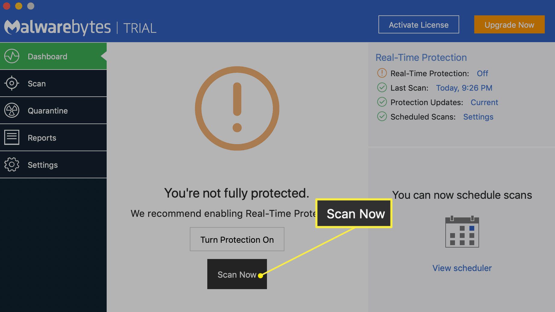 Malwarebytes for Mac, jossa Scan Now on valittuna