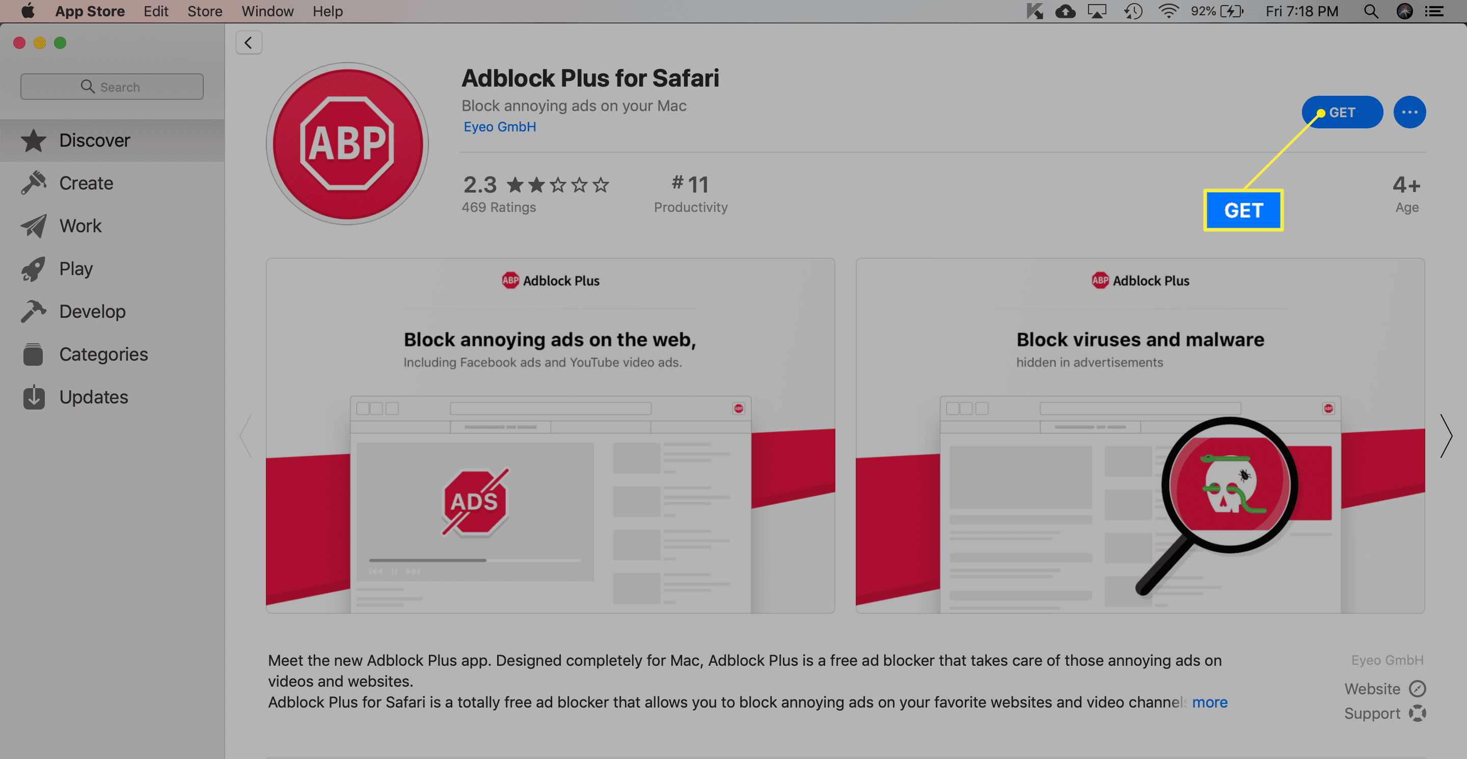 Adblock Plus -laajennus Mac App Storessa, jossa on korostettuna