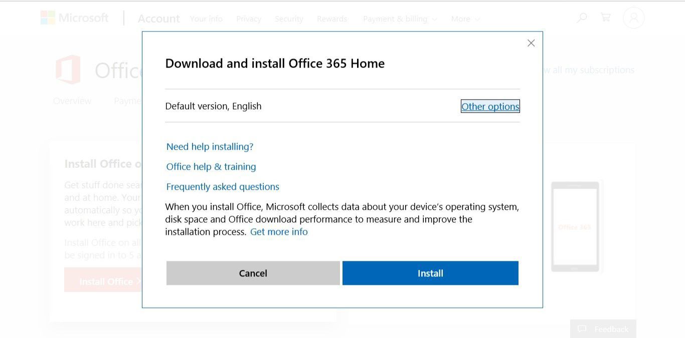 Lataa ja asenna Office 365 Home -ponnahdusikkuna