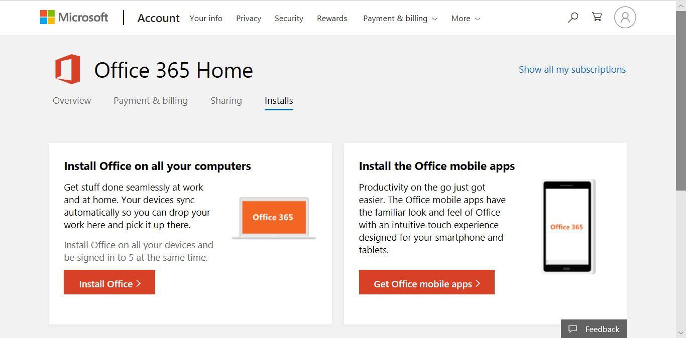 Office 365 Home -tilisivu, jossa on linkit Office 365:n asentamiseen