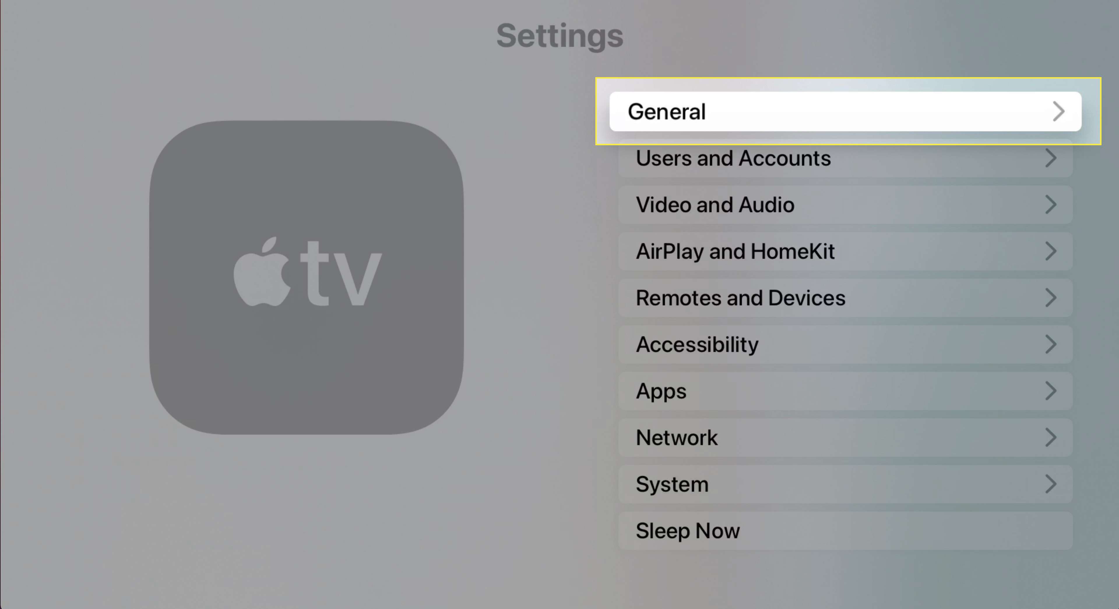 Apple TV:n asetusvalikko Yleiset korostettuna