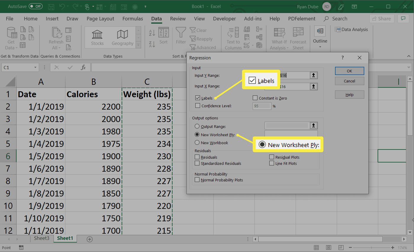 Excel-kentät tarrojen lisäämiseen ja regression lähettämiseen uuteen laskentataulukkoon