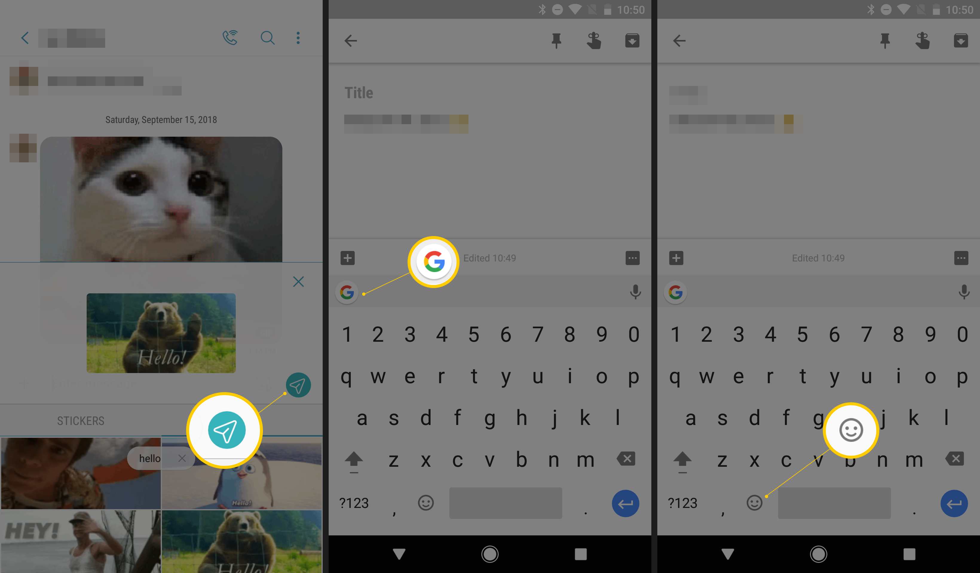 Kolme Android-näyttöä, joissa on lähetyspainike, Gboard-kuvake ja hymiökuvake näppäimistössä