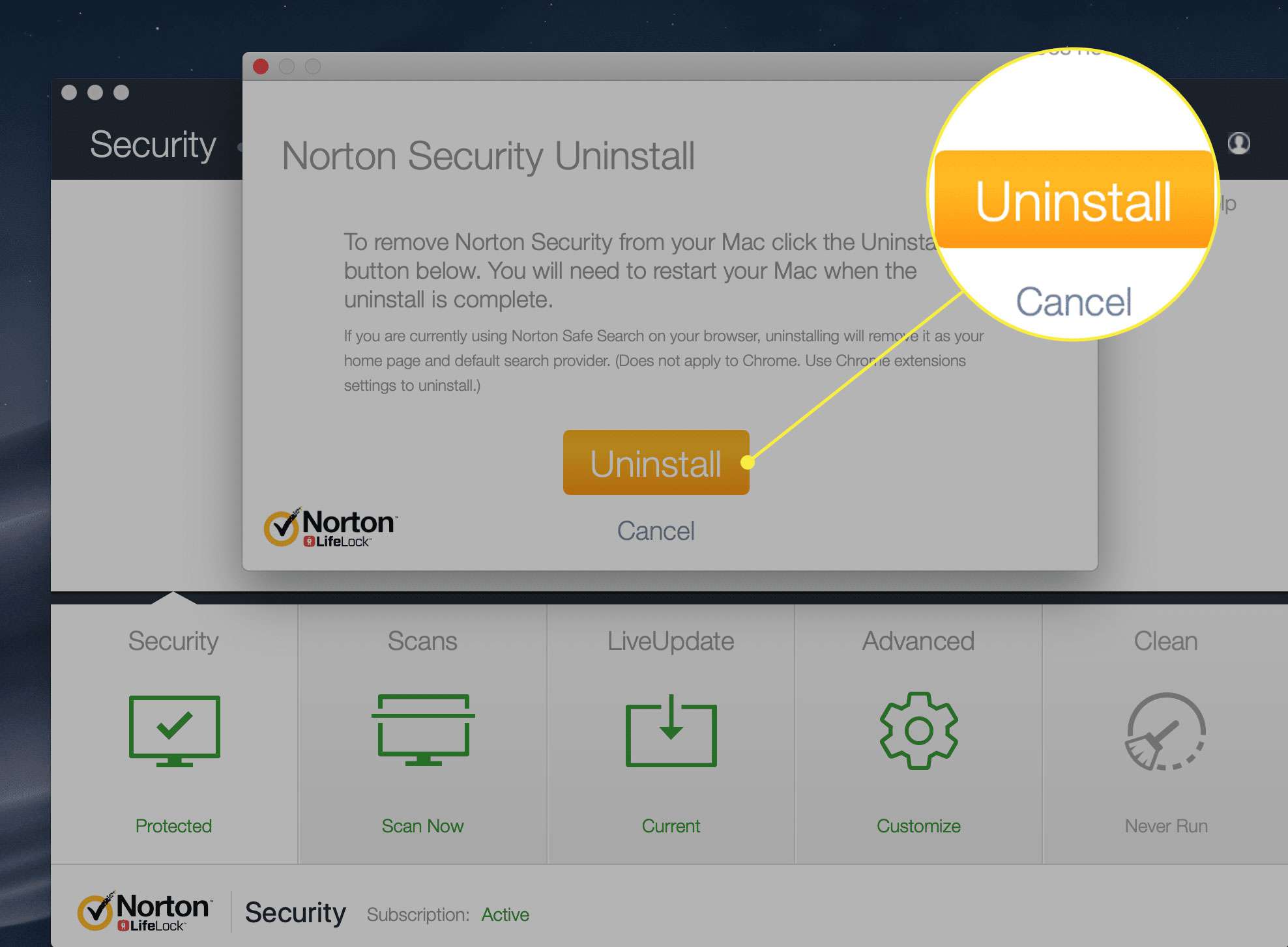 Asennuksen poistopainike Norton Security Uninstall -sovelluksessa