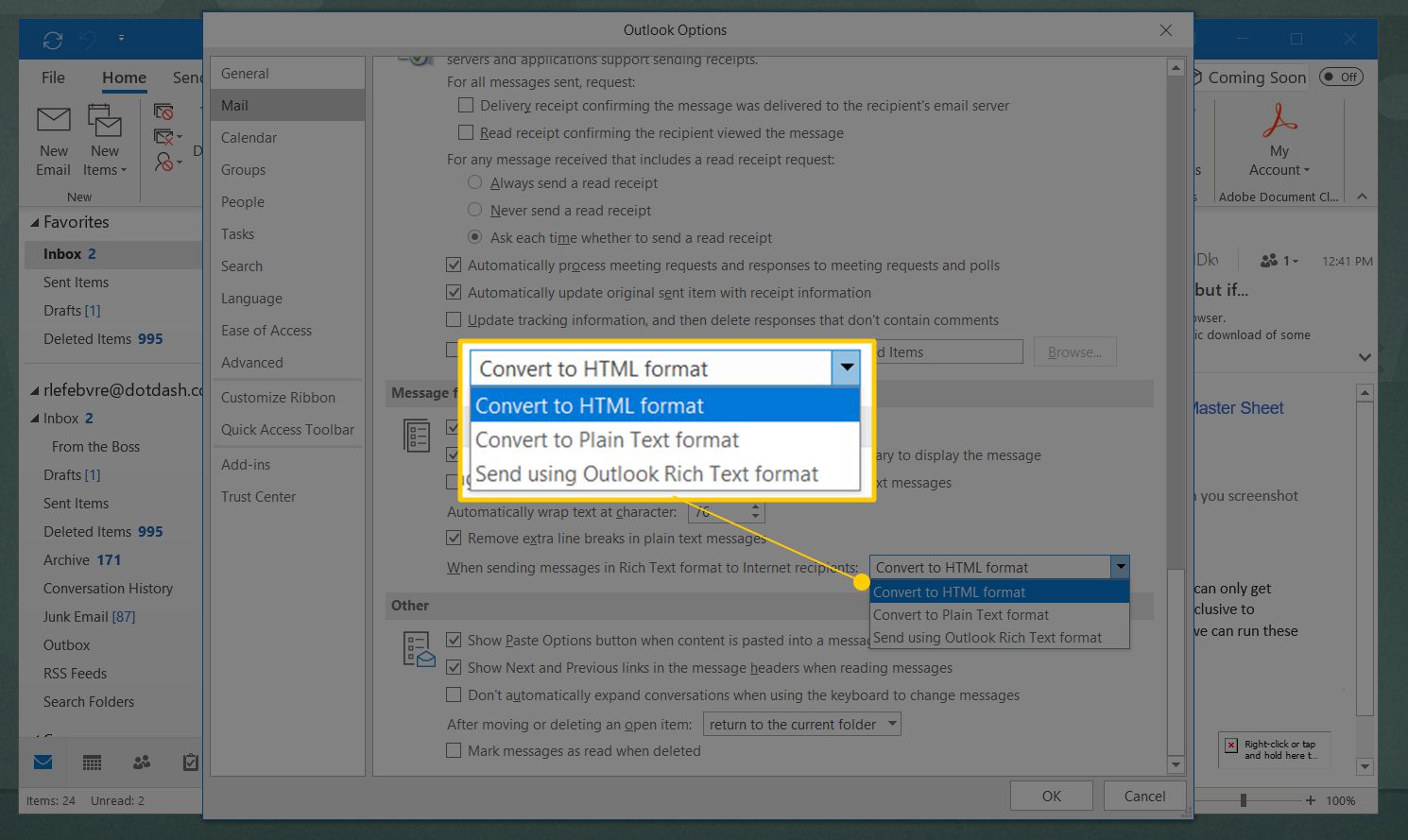 Muunna Outlookin HTML-, pelkkää teksti- tai Rich Text Format -valikkoon