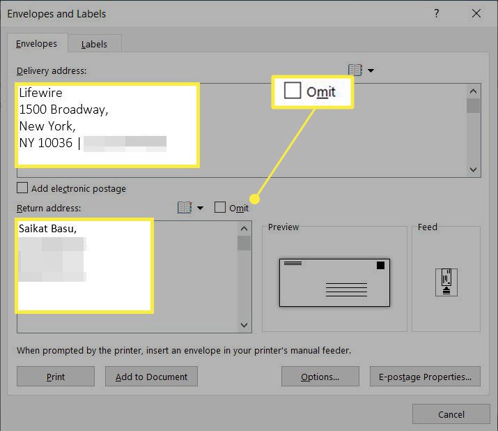 Kirjekuoret ja tarrat -valintaikkuna Microsoft Wordissa, jossa "Toimitusosoite", "Palautusosoite" ja "Omit" on korostettu