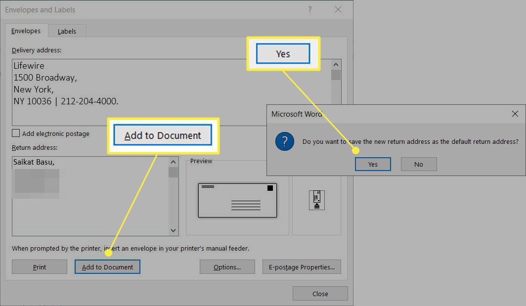 Word Envelopes "Lisää asiakirjaan" -välilehti ja "Kyllä" korostettuna