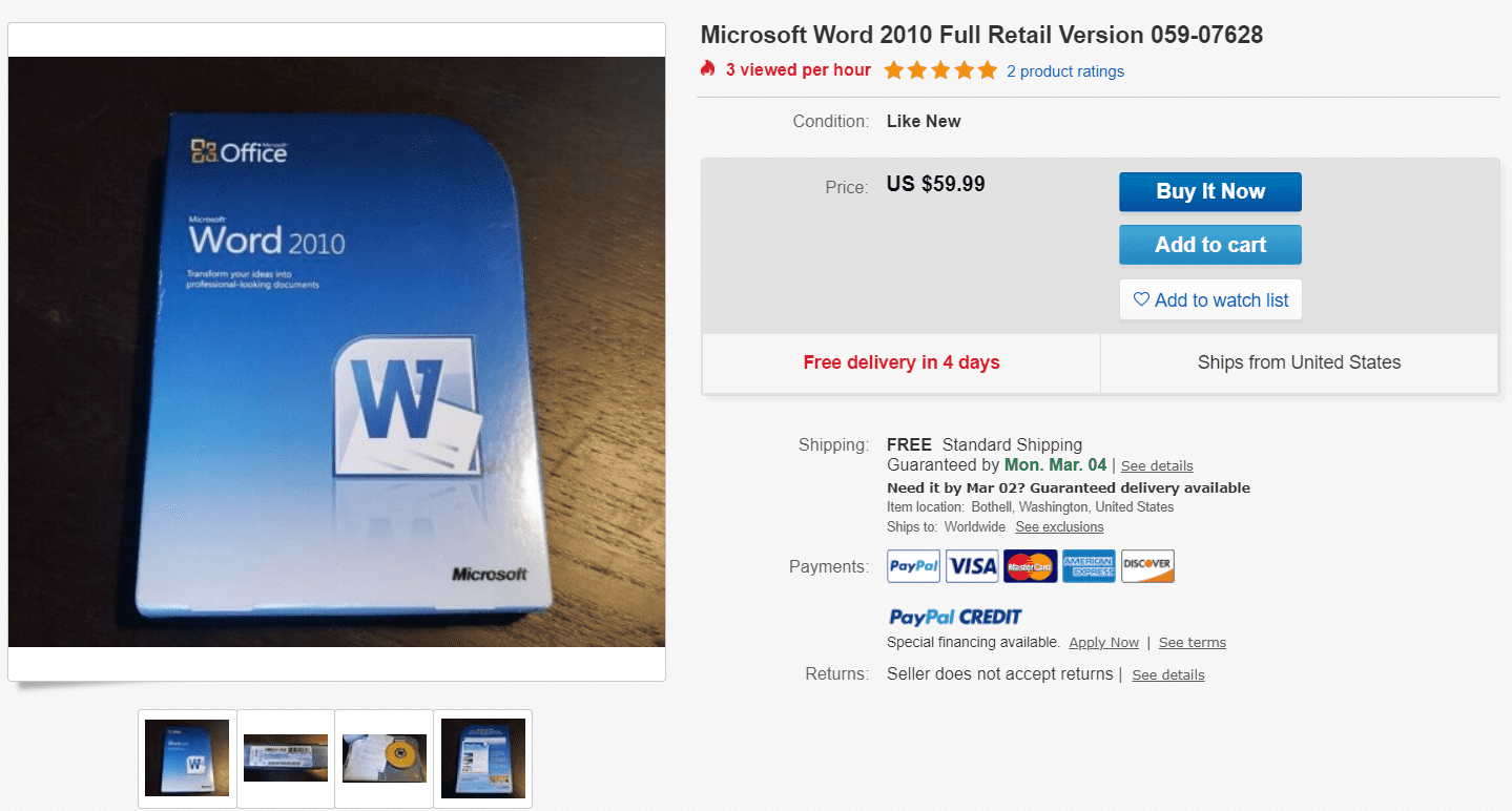 Kuvakaappaus eBayssa myytävästä Microsoft Word 2010:stä