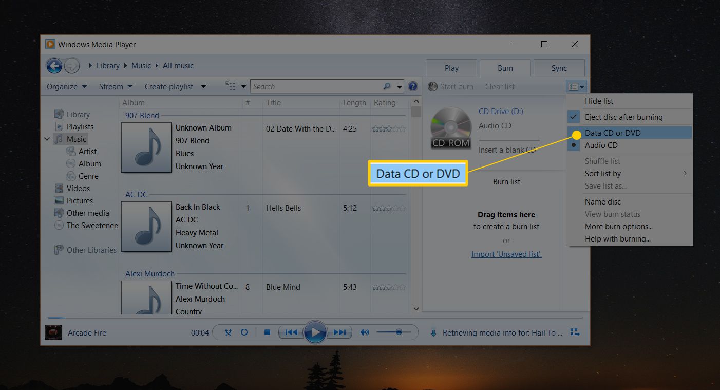 Data CD- tai DVD-valikkovaihtoehto Windows Media Playerissa