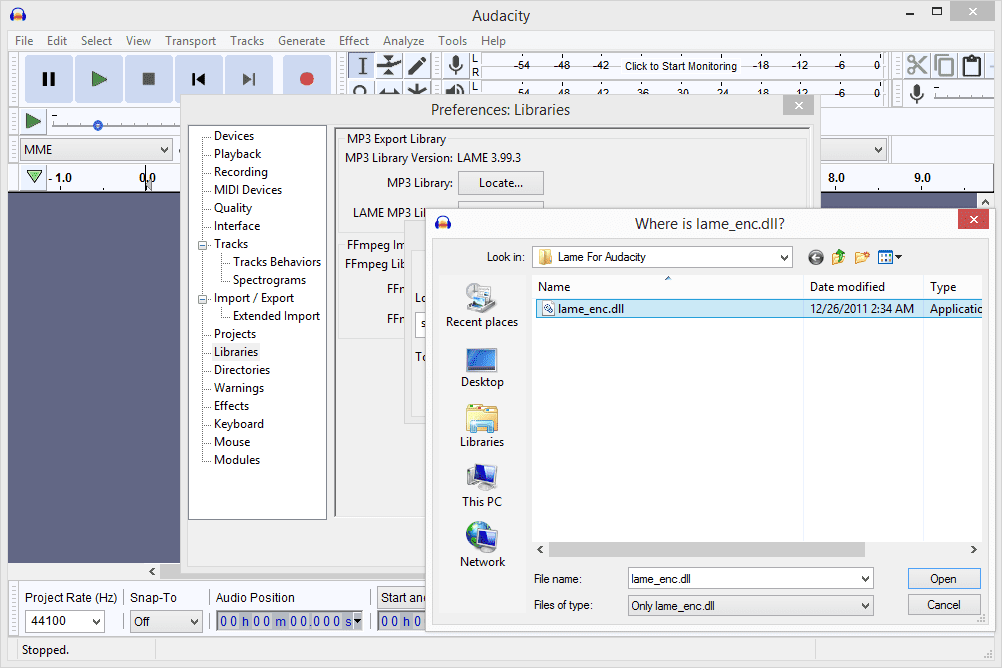 lame_enc.dll-tiedoston sijainti Audacityssä