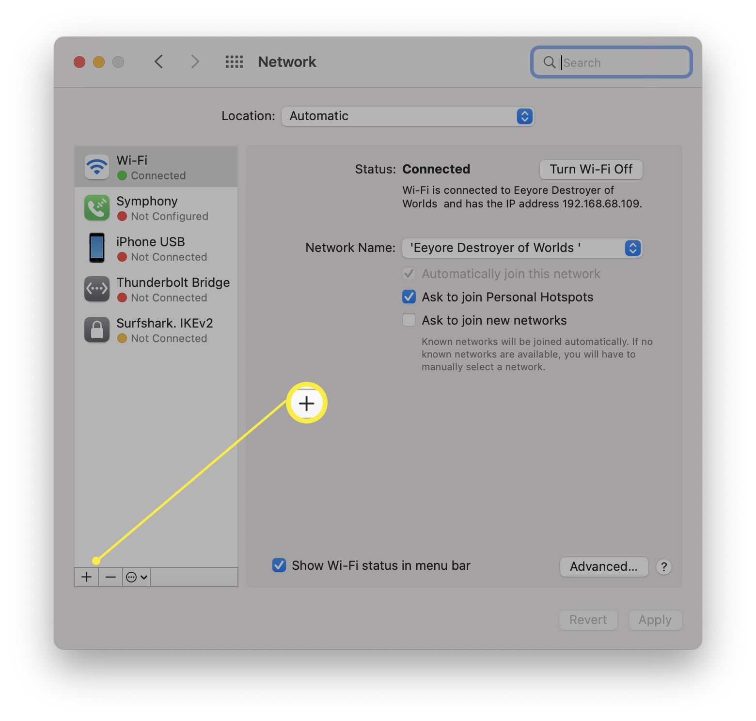Macin järjestelmäasetukset Verkkoasetukset, joissa on korostettuna pluskuvake uuden laitteen lisäämistä varten