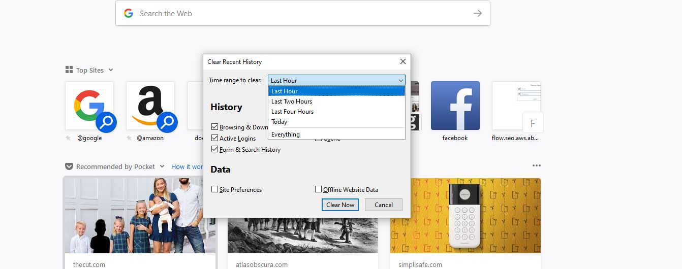Aikaväli Firefoxin asetusten tyhjentämiseen Tyhjennä viimeaikainen historia -ikkuna