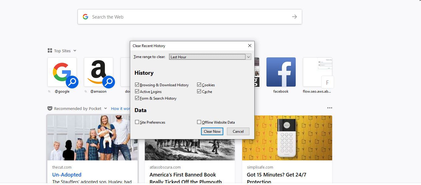 Tyhjennä viimeaikainen historia -ikkuna Firefoxissa