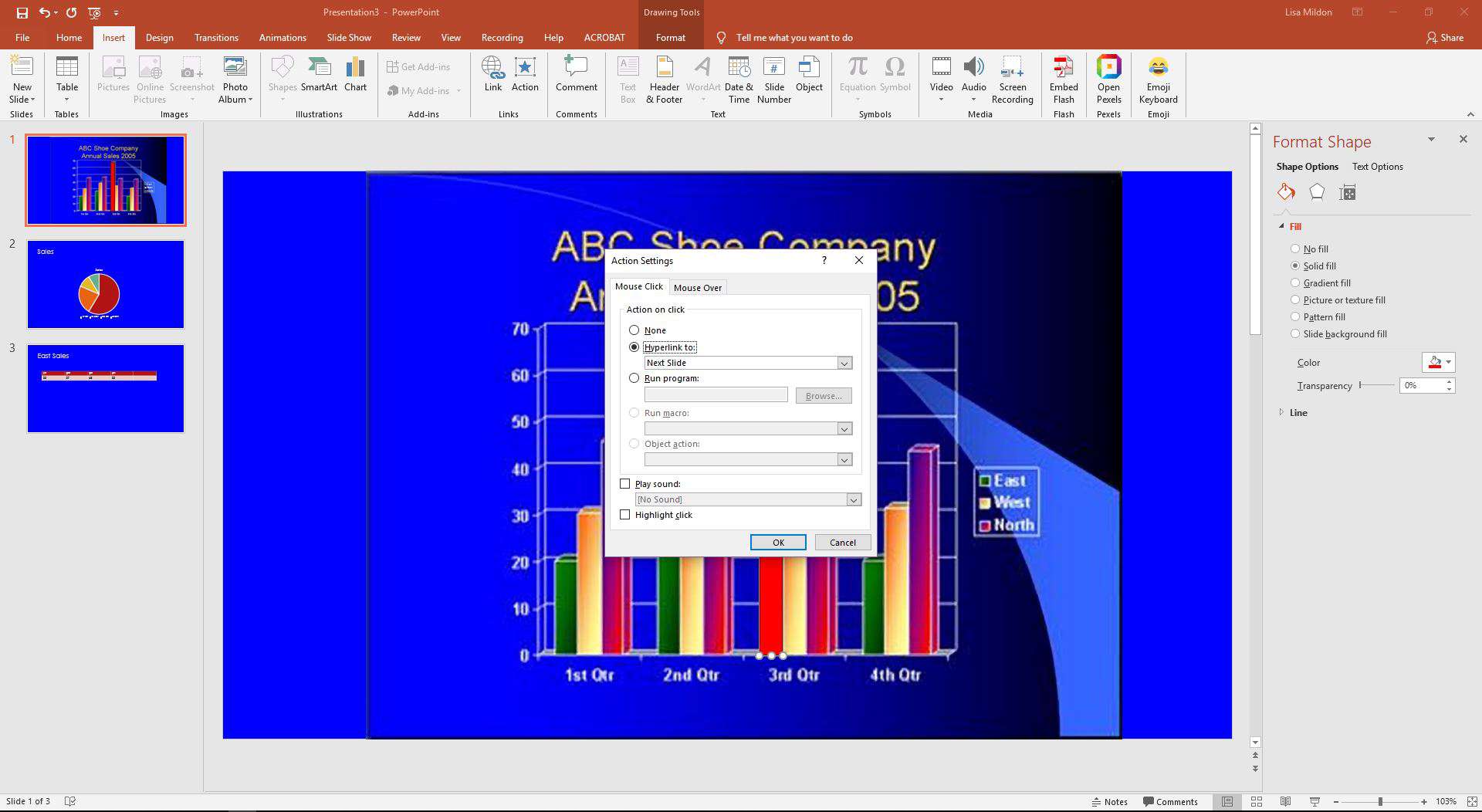 PowerPoint ja Action Settings -valintaikkuna.