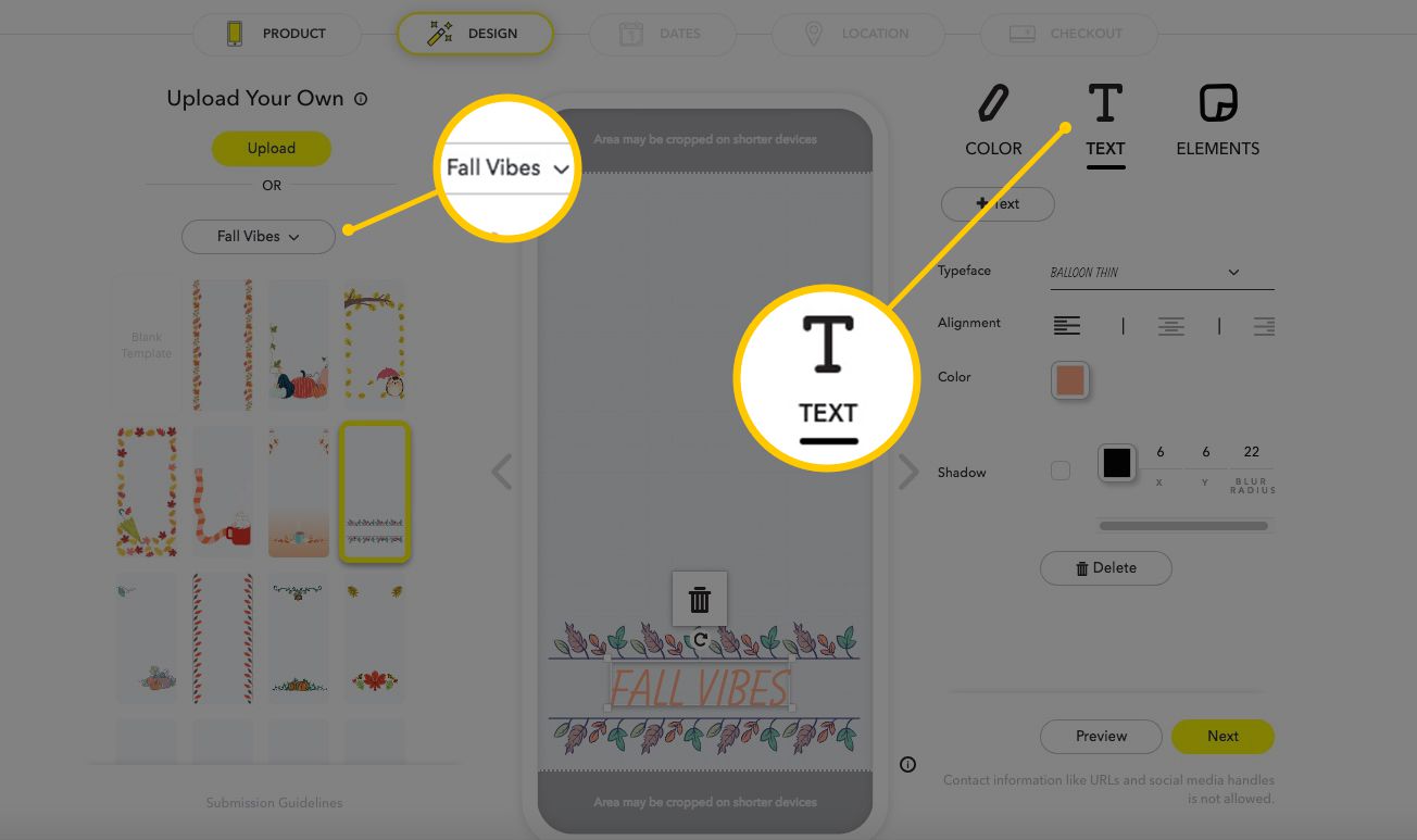 Snapchat.comin mukautetut suodattimen luontivaihtoehdot keskittyen Fall Vibes -teemaan ja tekstivaihtoehtoihin