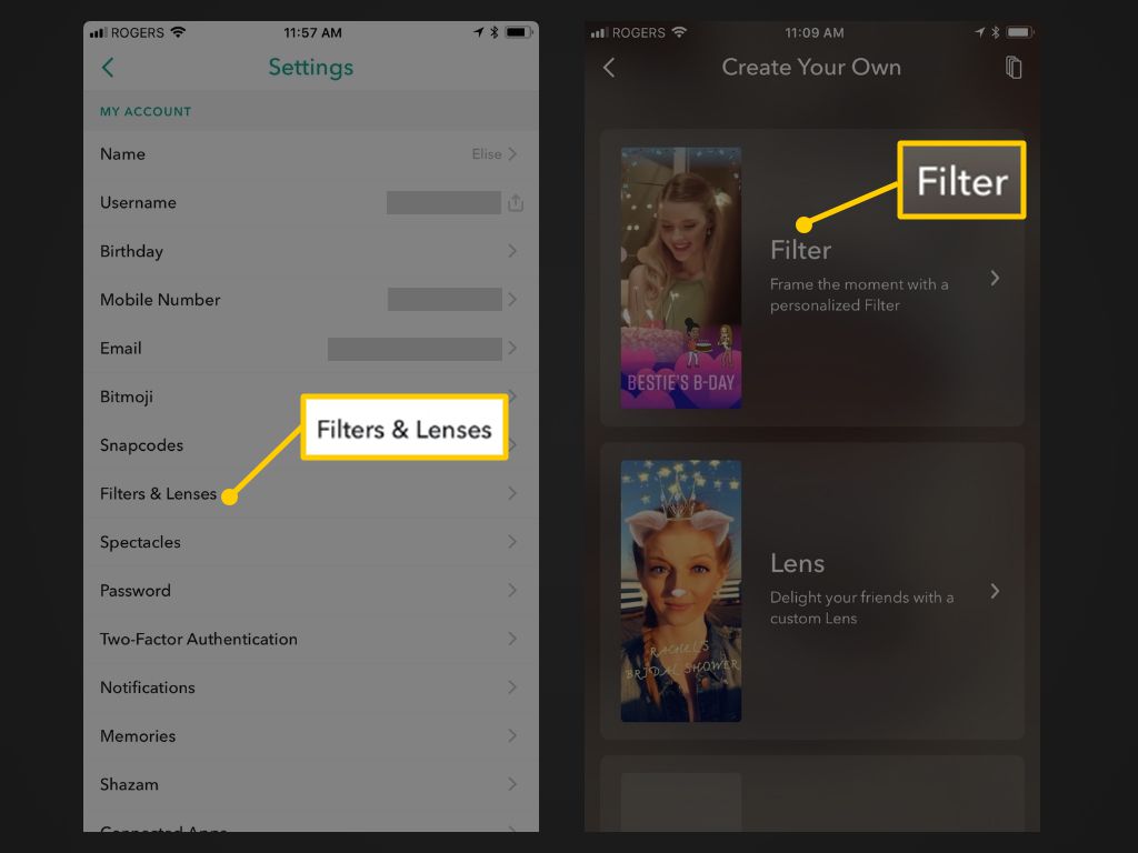 Suodattimet ja linssit ja sitten suodatinpainikkeet Snapchat-sovelluksessa