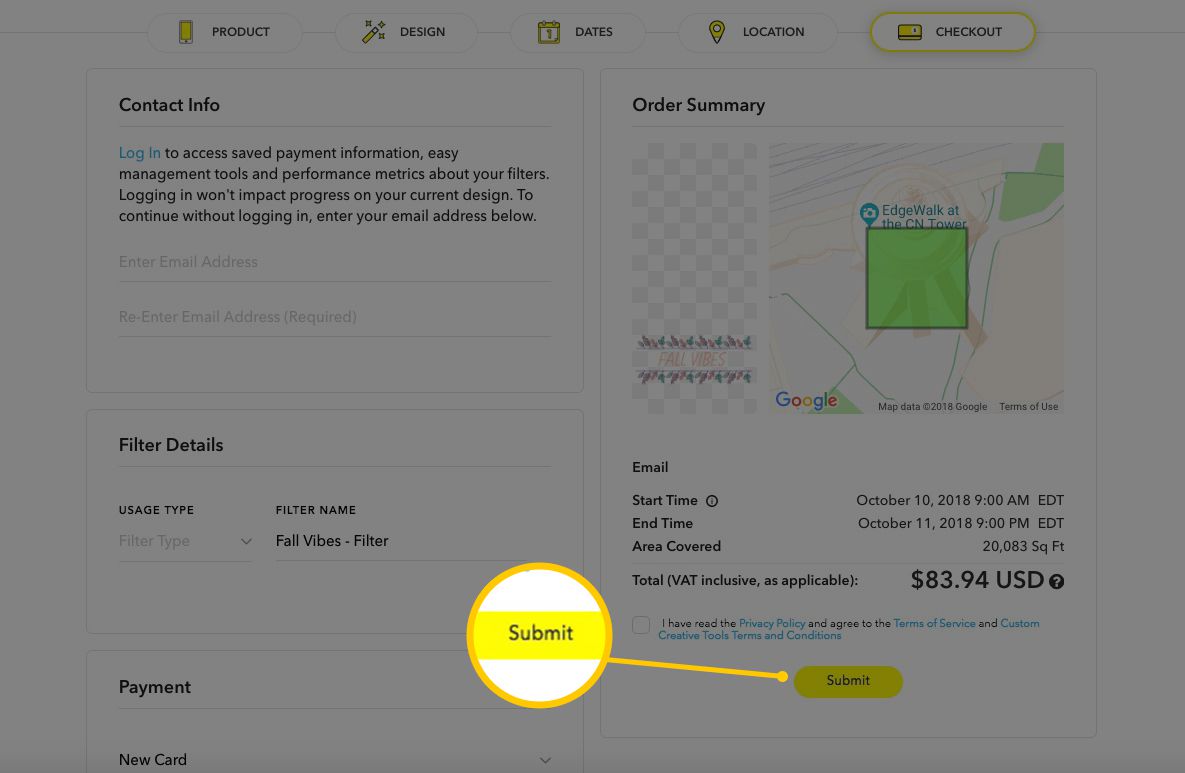 Maksunäyttö Snapchat.comissa mukautetuille suodattimille, mukaan lukien Lähetä-painike