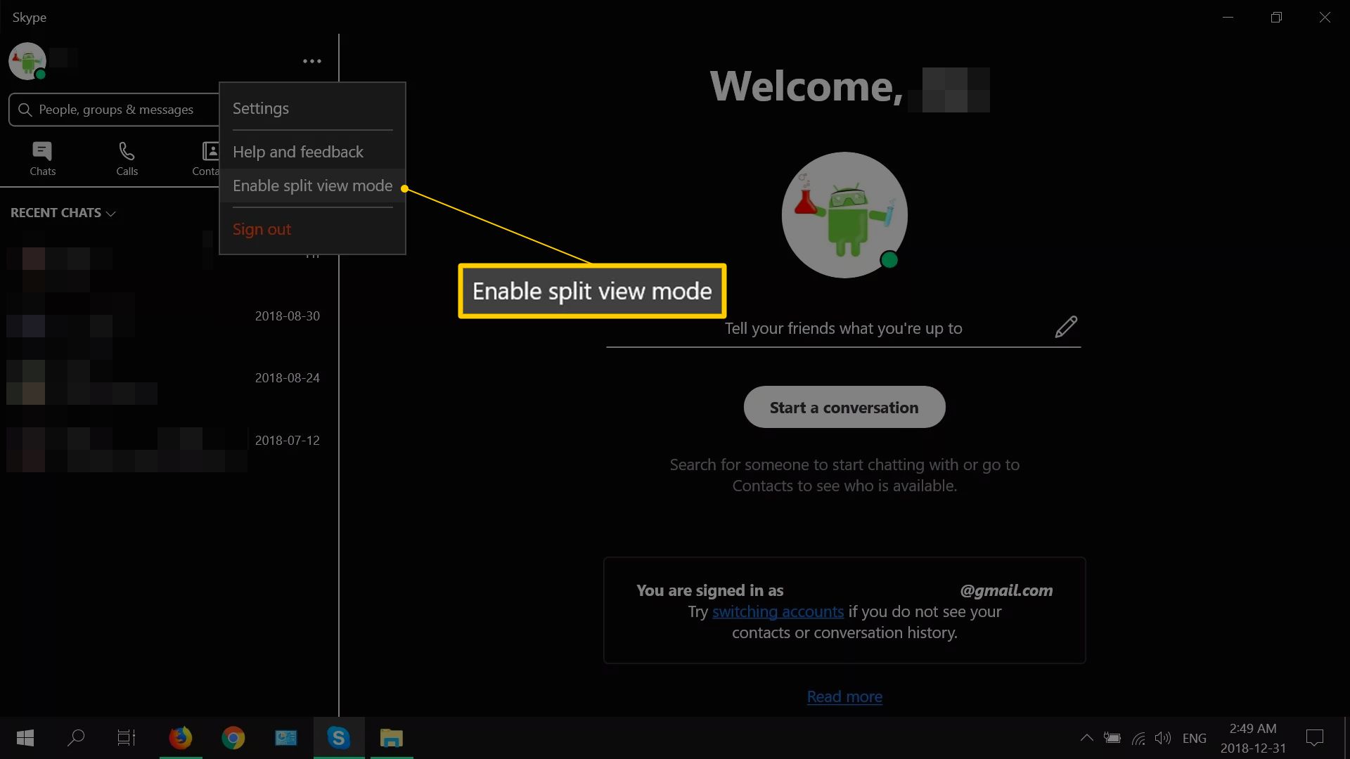 Ota split view mode käyttöön Skypen päävalikossa