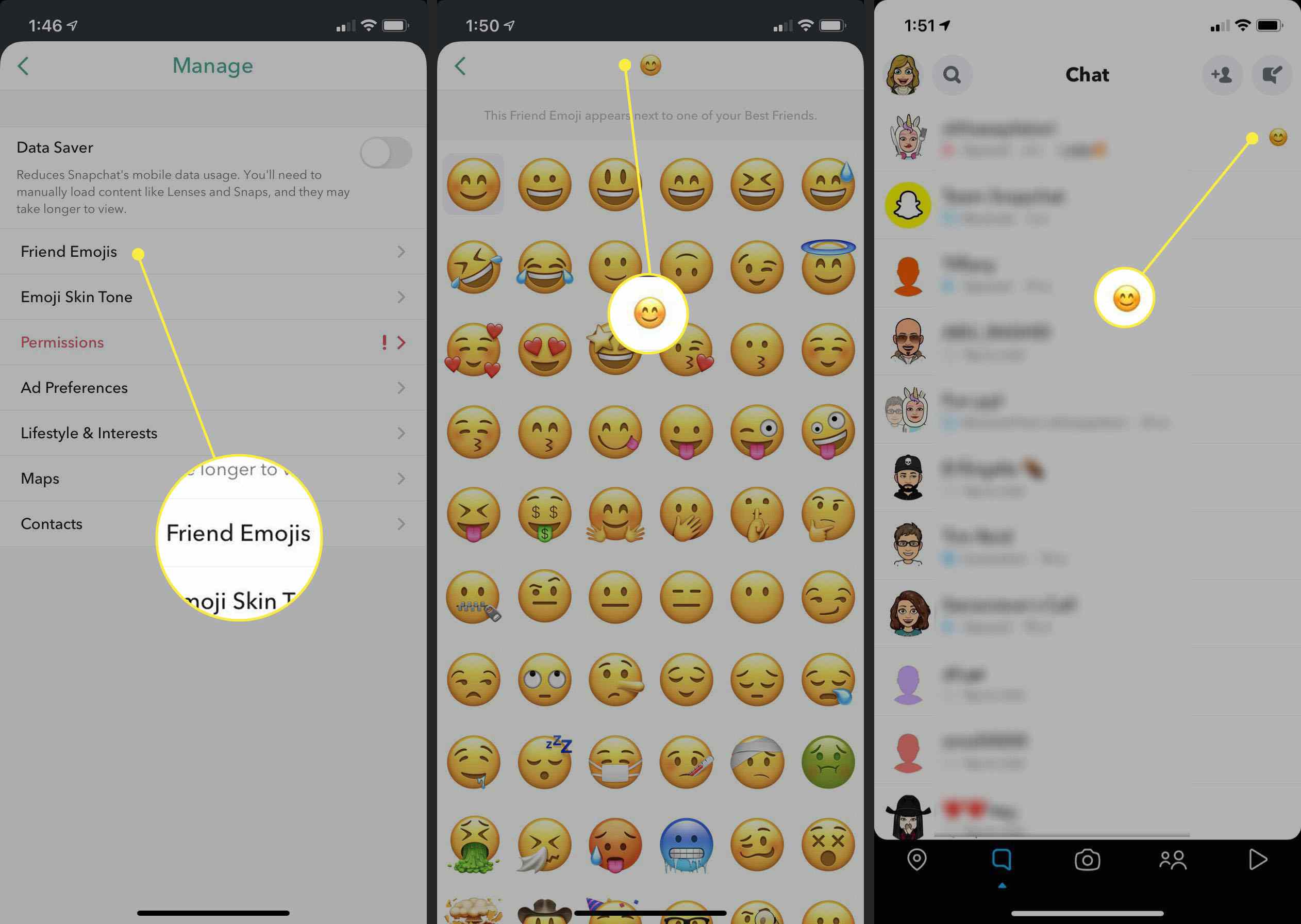 Vaiheet emojin vaihtamiseen Snapchatin keskustelussa.