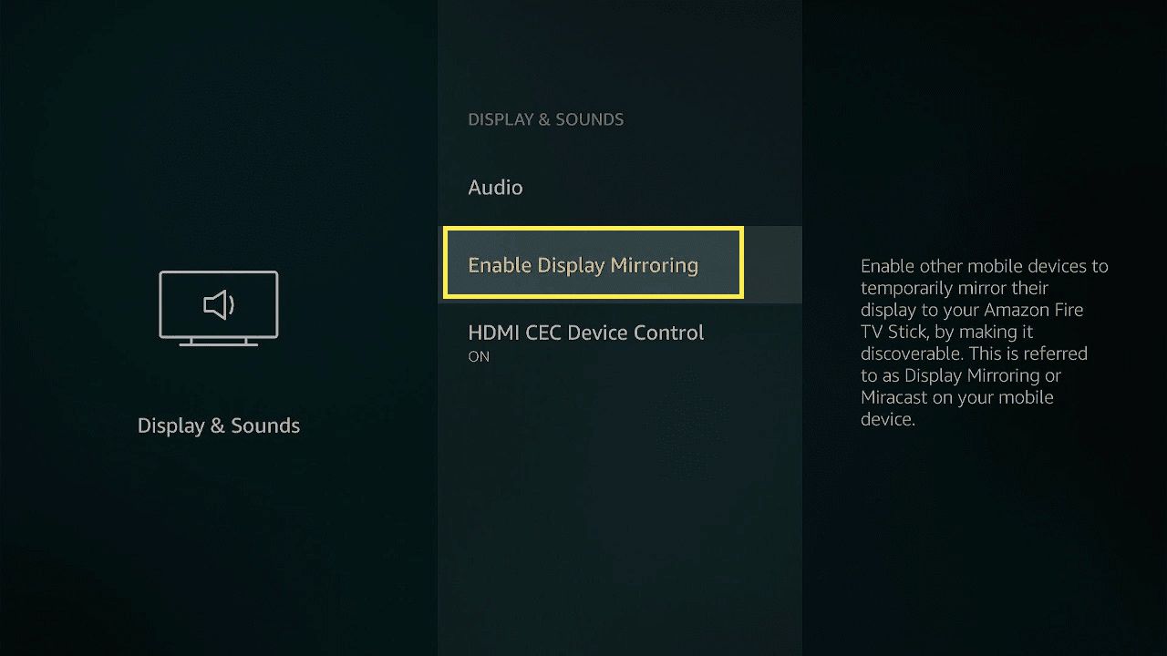 Ota käyttöön Fire Stick -asetuksissa korostettuna näkyvä näytön peilaus.