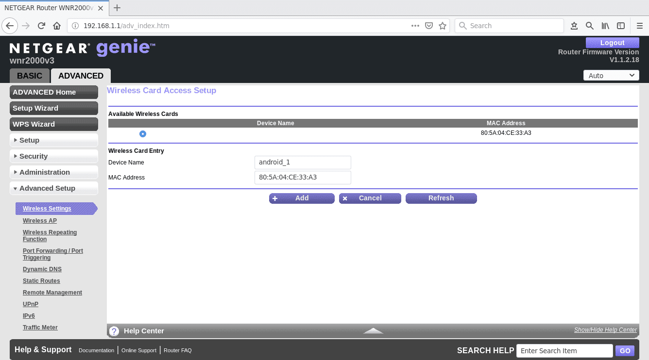 Netgear genie -verkkosivu VS, jossa on kaksi tekstiruutua, joihin on kirjoitettu Firefox-selaimessa