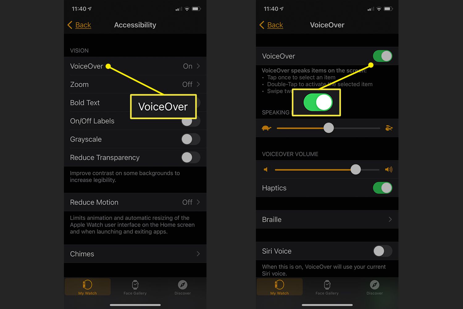 Esteettömyysasetukset Apple Watch -sovelluksessa VoiceOver-säätimillä