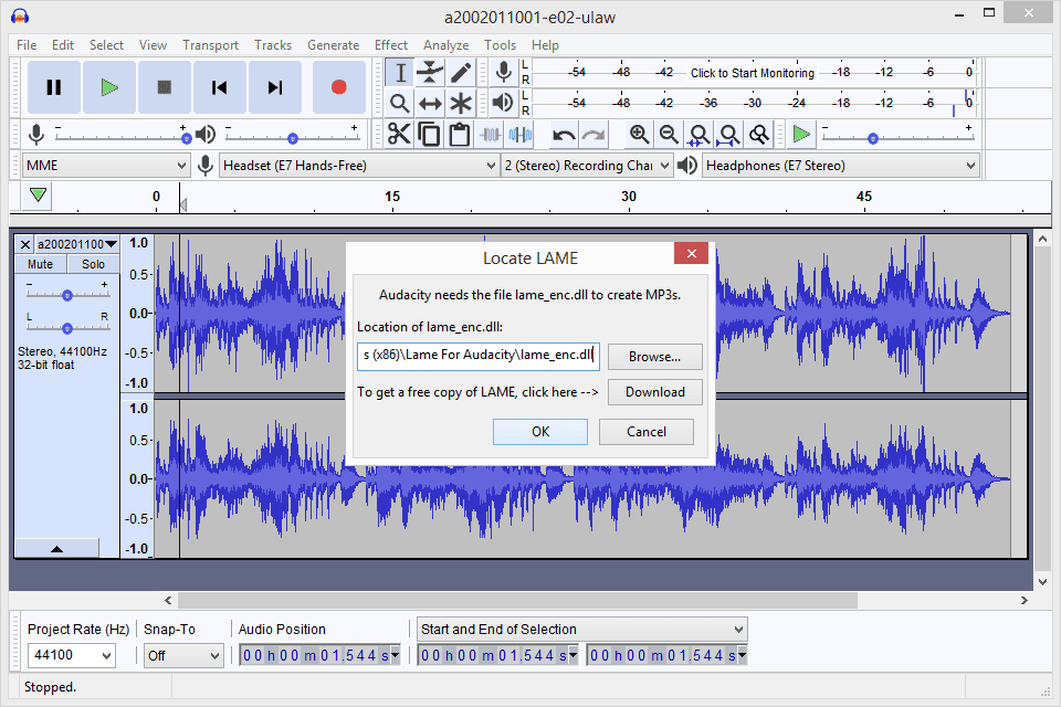Tuo lame_enc.dll-tiedosto Audacityyn Windowsissa