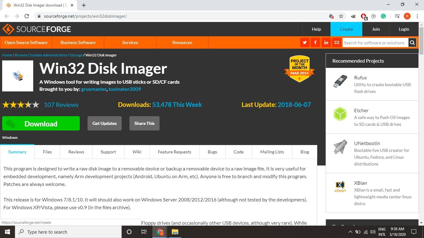 Win32 Disk Imager -lataussivu