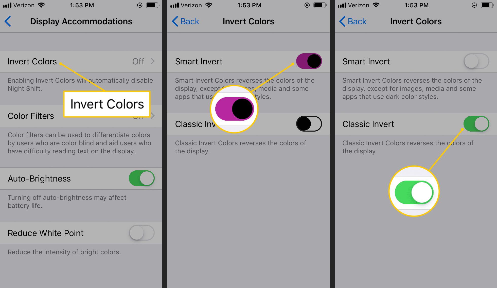 Invert Colors, Smart Invert, Classic Invert iOS-asetuksissa