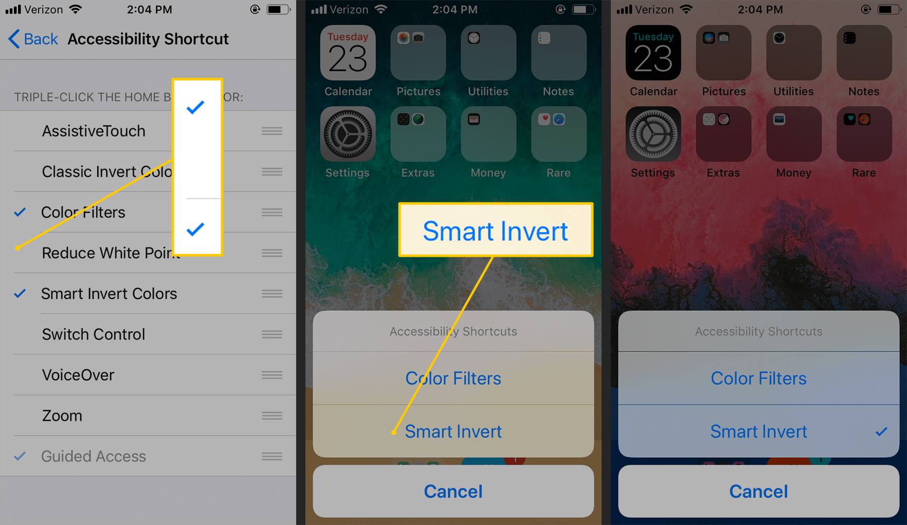 Käytettävyystarkistukset, Smart Invert, pikakuvakkeet iOS:ssä