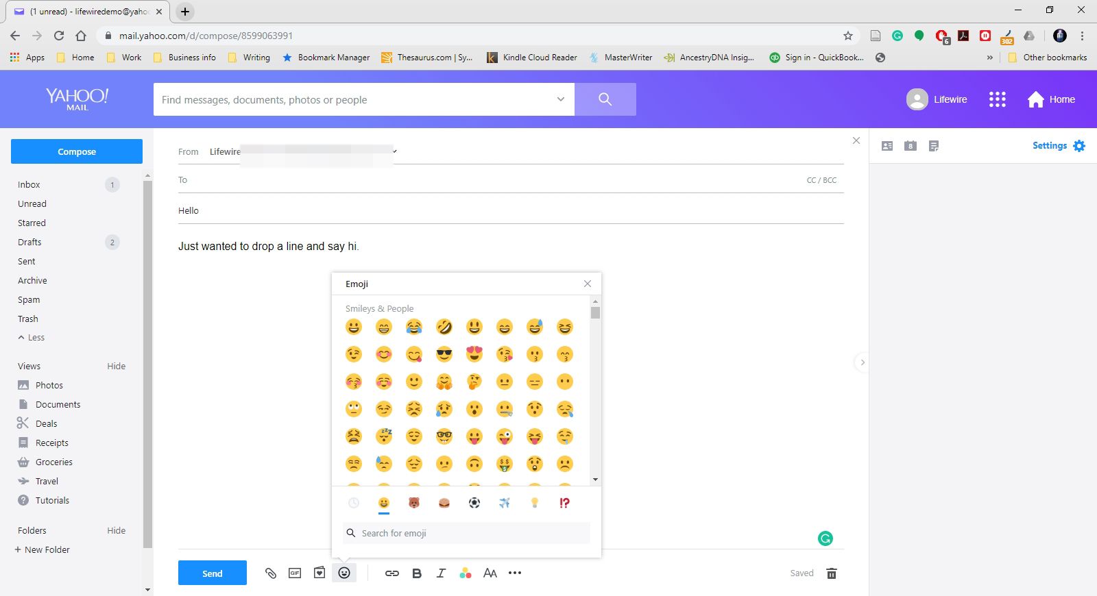 Lisää emojis-valikko Yahoo Mailiin.