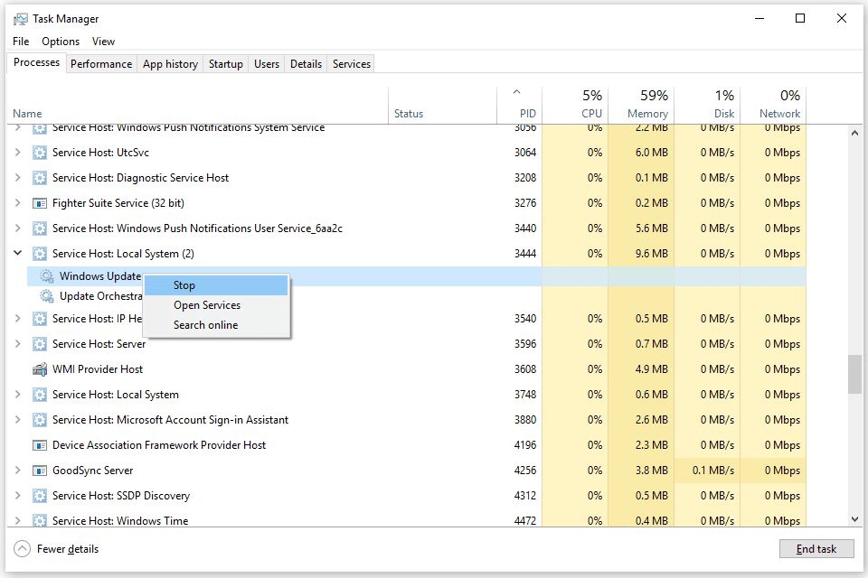 Lopeta palveluvaihtoehto Windows 10 Task Managerissa