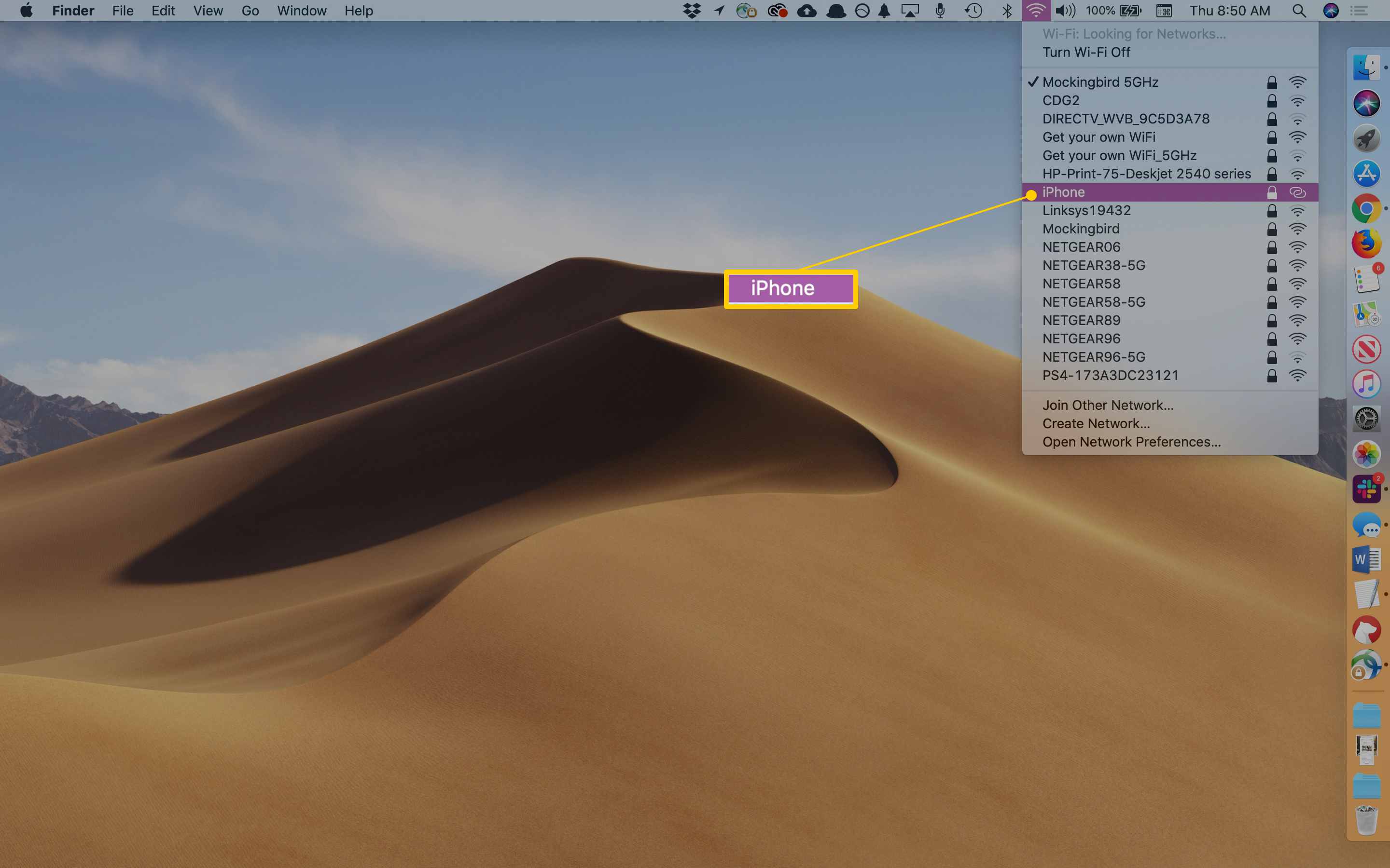 iPhone macOS:n Wi-Fi-valikossa