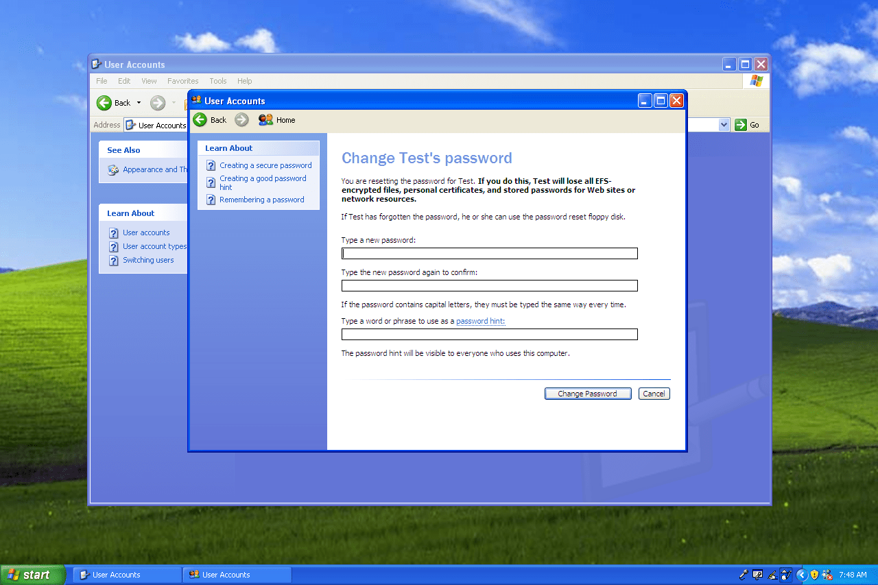 Vaihda käyttäjän salasana -näyttö Windows XP:ssä