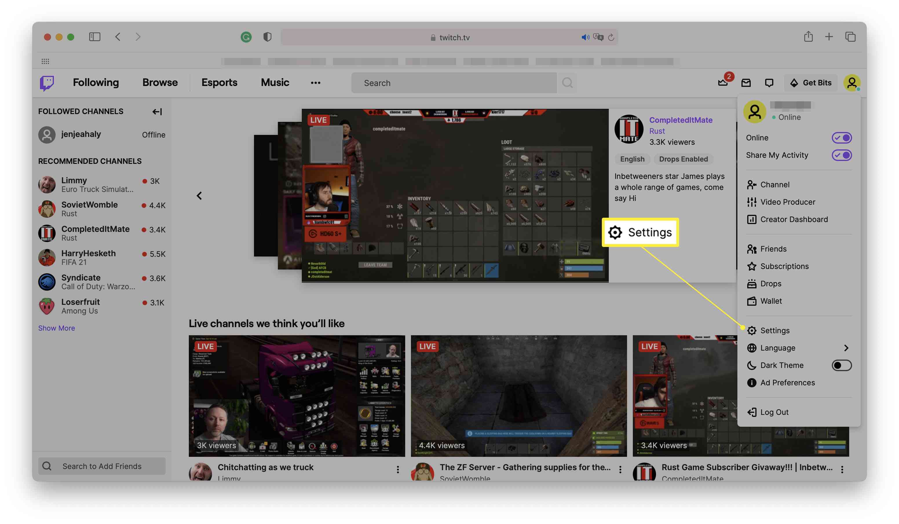 Twitch-kotisivu profiilivalikko auki ja Asetukset korostettuina