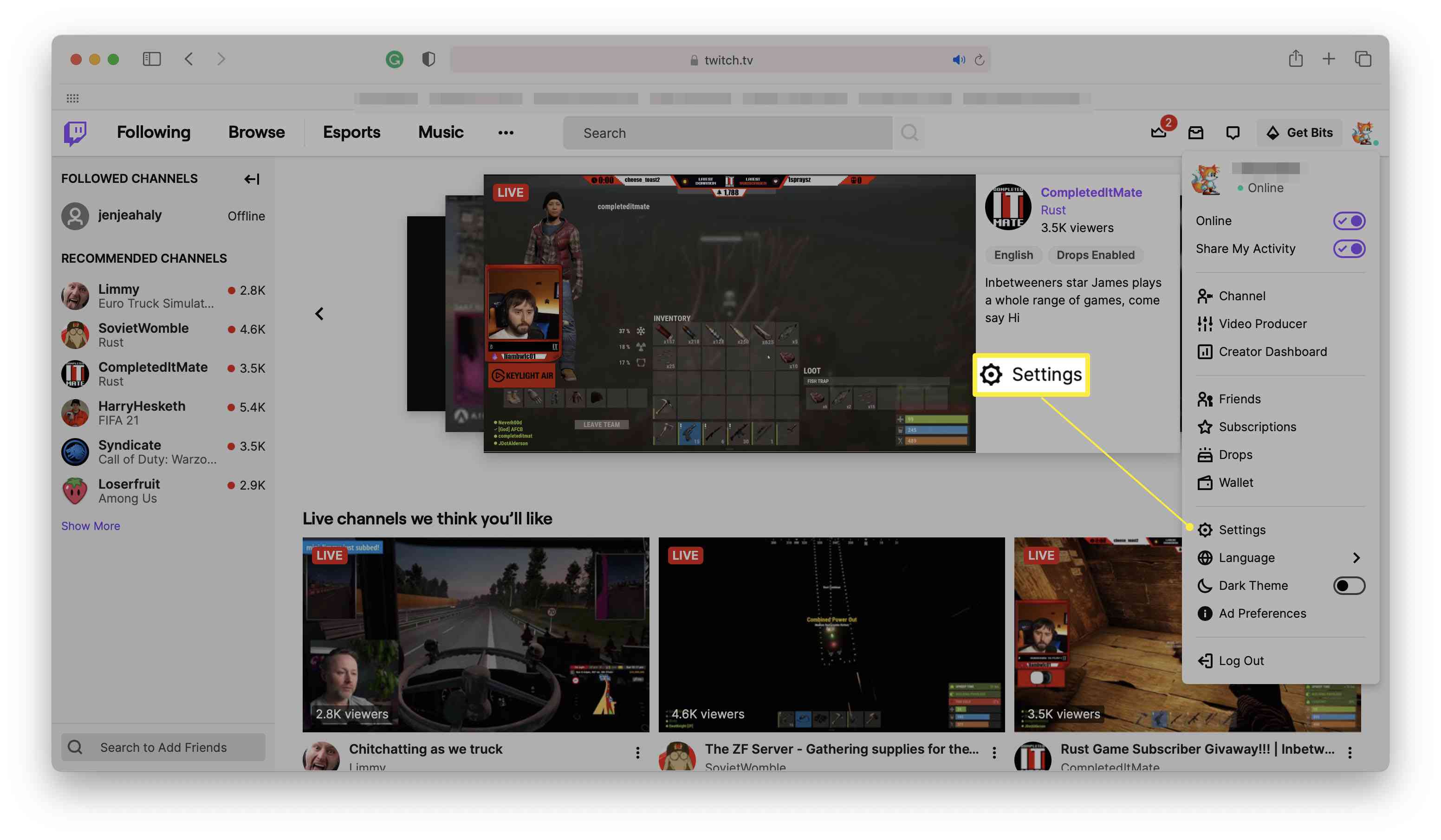 Twitch-kotisivu profiilivalikko auki ja Asetukset korostettuina